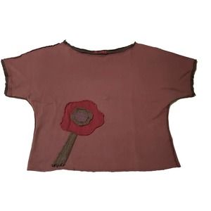 Salina M Boho Short Sleeve Flower Applique Cotton Raw Edges Brownish Crop Top